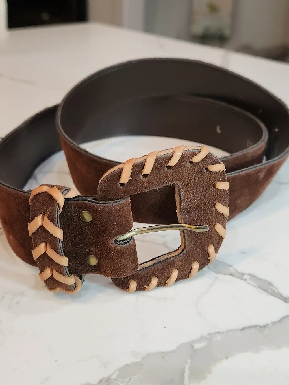 Woman's Vintage Brown Suede Braided Whipstitch Leather Belt Size Large